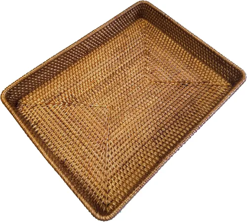 Miniatura 7 de i-lan Bandeja grande tejida de ratán blanco lavado de 17 pulgadas para otomana, bandeja de almacenamiento rectangular blanca con pared de 2.4