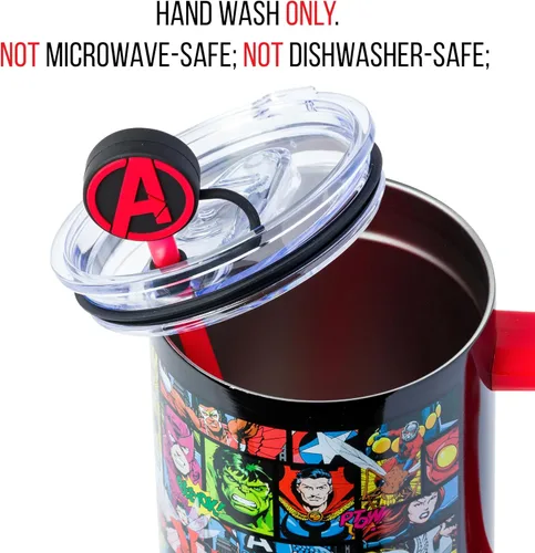 Miniatura 4 de Silver Buffalo Marvel Avengers - Vaso de acero inoxidable con asa, popote y tapa de pajilla, diseño de Iron Man, Capitán América, Blue Beetle, Thor