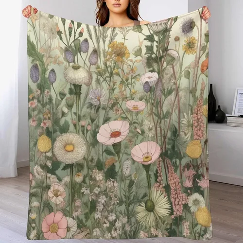 Miniatura 7 de Manta de vellón de hierbas y flores silvestres con plantas botánicas para primavera y verano, con margaritas y hojas florales, manta de franela