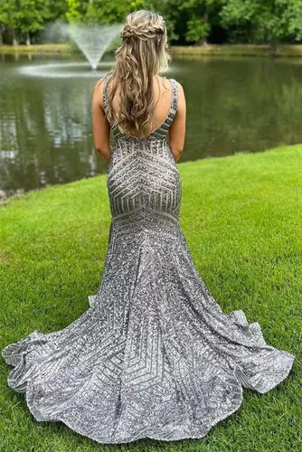 Miniatura 2 de Vestido de fiesta de sirena con lentejuelas brillantes, cuello en V profundo, espalda descubierta, vestidos de fiesta formales con tren