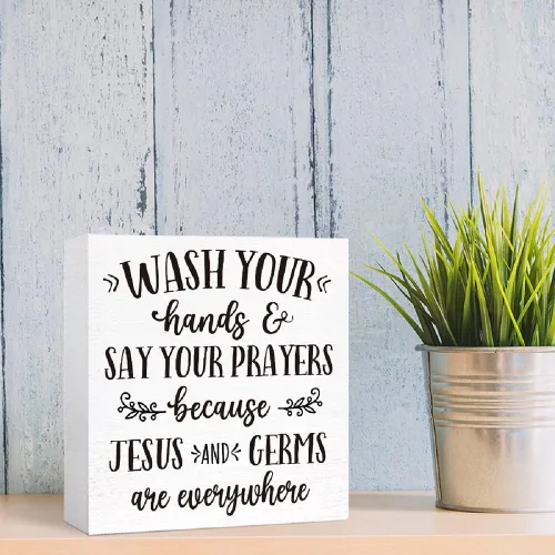 Miniatura 6 de Letrero de madera con texto en inglés "Wash Your Hands and Say Your Prayers", divertidos letreros de baño para estante de baño, baño, baño, Blanco
