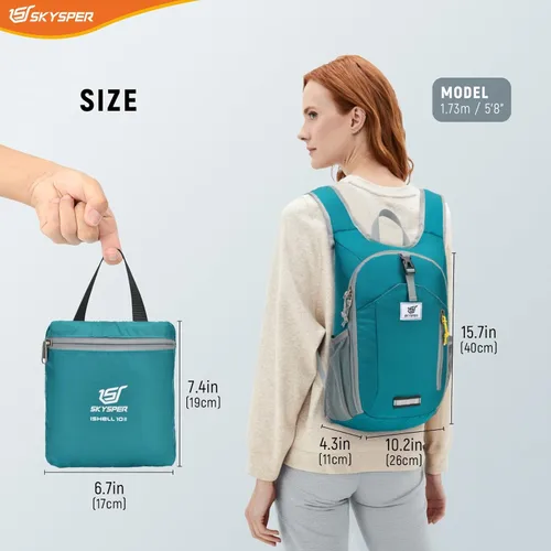 Miniatura 6 de SKYSPER Mochila de senderismo pequeña plegable de 10 litros, plegable, ligera, para senderismo, viaje, para mujeres y hombres Cian
