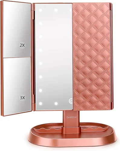 Miniatura 7 de deweisn Espejo de maquillaje con iluminación triple con 21 luces LED, aumento 1x/2x/3x y atenuación de pantalla táctil, dos fuentes de alimentación