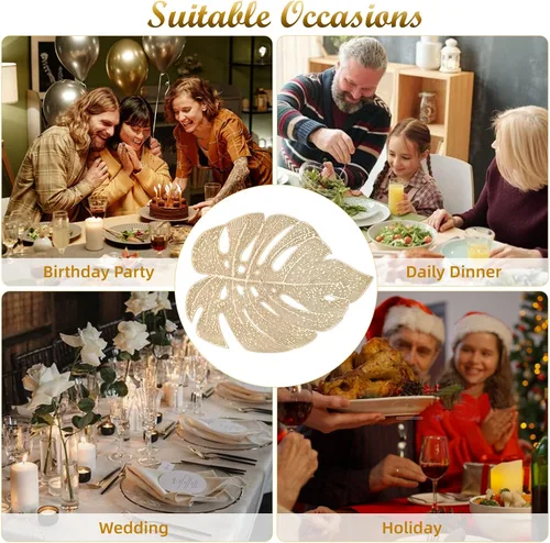 Miniatura 7 de Juego de 6 manteles individuales con hojas huecas para mesa de comedor, manteles de vinilo prensado para mesa de vacaciones, fiestas, bodas, centros