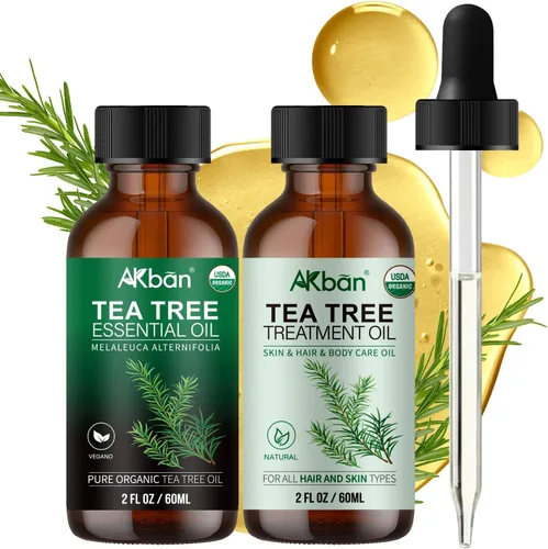 AKBAN Aceite esencial de árbol de té y aceite de árbol de té para el tratamiento del cabello, 100% puro y natural, ideal para cabello, piel, uñas,