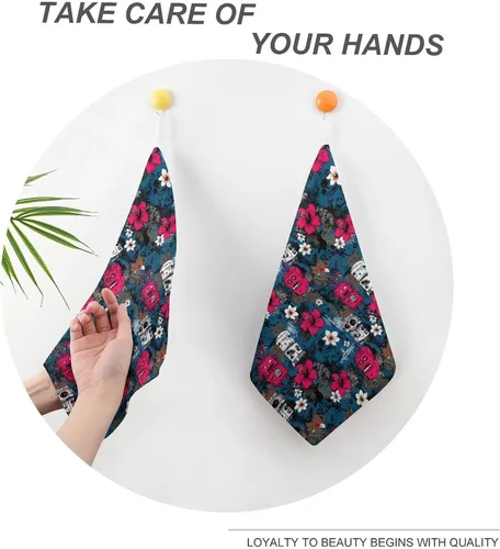 Miniatura 4 de Tropical Retro Robots Print Hand Towels for Bathroom Kitchen, Cute Hanging Kitchen Towels with Hanging Loop, Decorative Absorbent Coral Bath Hand