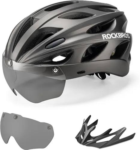 ROCKBROS - Casco de bicicleta para hombres y mujeres adultos con ajuste sugerido de 58-65cm, gafas magnéticas desmontables y visera solar, ligero Ti