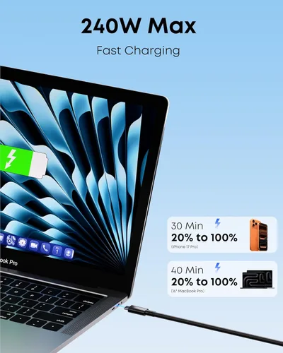 Miniatura 4 de Cable Thunderbolt 5, cable USB C de 3.3 pies con certificación Intel, carga rápida de 240 W, ancho de banda de hasta 120 Gbps, pantallas de 16K/8K