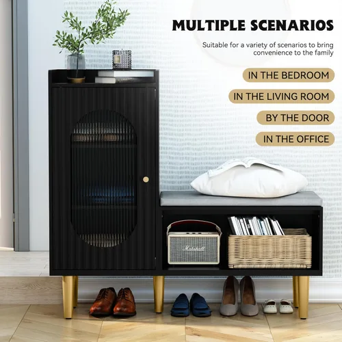 Miniatura 5 de HLR Banco de almacenamiento con puerta y estante de cristal, moderno banco de zapatos de entrada con asiento acolchado, armario de almacenamiento
