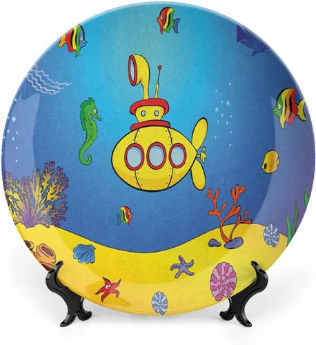 XISUNYA Plato decorativo de 6 pulgadas, artesanía de cerámica submarina amarilla, decoración de peces coloridos náuticos para niños, placa de
