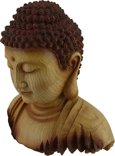 Miniatura 2 de Zeckos Estatua decorativa de madera tallada de imitación con cabeza de Buda meditadora