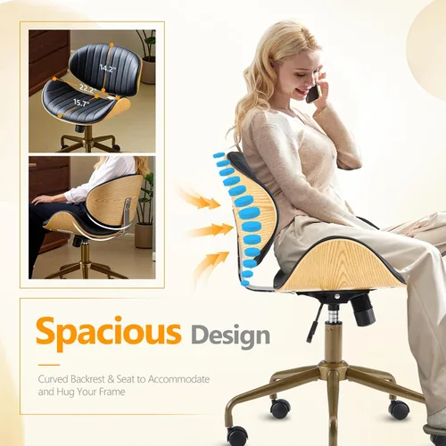 Miniatura 9 de VINGLI Silla giratoria de oficina en casa amplia y cómoda con carcasa curvada de grano de madera, silla de escritorio ergonómica acolchada sin negro