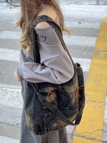 Miniatura 2 de Bolso de hombro vintage para mujer, bolsos cruzados femeninos grandes, bolso de mano de mezclilla desgastado