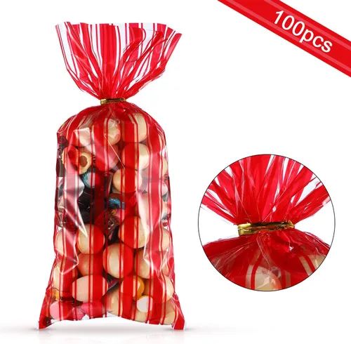 Miniatura 3 de Blulu 100 bolsas de plástico para carnaval, circo, fiesta, golosinas, con estampado de rayas rojas y blancas, celofán transparente, con 100 lazos