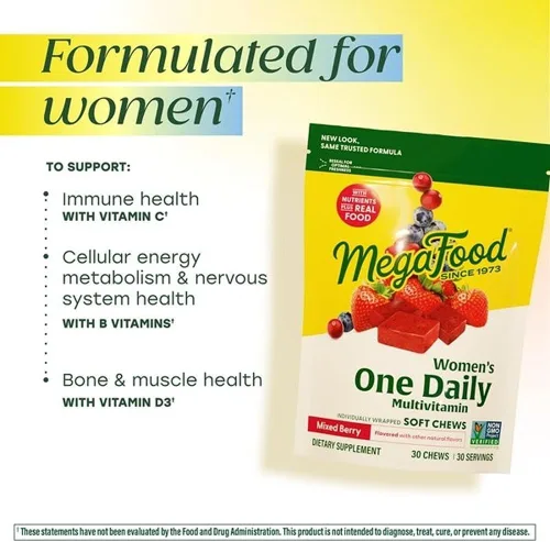 Miniatura 3 de MegaFood Multivitamínico para mujeres, multivitaminas diarias masticables suaves con folato, B12 metilado, vitamina B6, biotina, vitamina D3, C y A