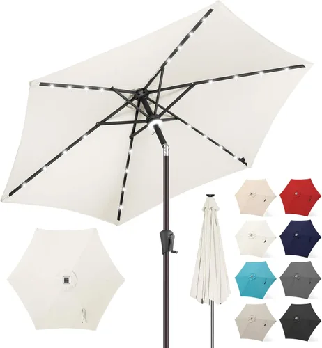 Miniatura 11 de FLAME&SHADE Sombrilla de patio con luz solar de 7.5 pies, 24 luces LED, sombrilla para exteriores con luz envolvente central, sombrilla de mesa
