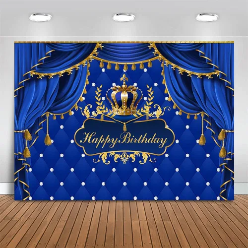 Mocsicka Telón de fondo de cumpleaños azul rey, fondo de cortina de corona de príncipe azul dorado, decoración para fiesta de cumpleaños de niño (7