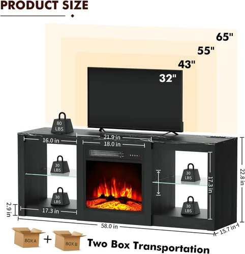 Miniatura 7 de BREEZEHEAT - Soporte de TV con chimenea eléctrica de 58 pulgadas para televisor de 65" - Centro de entretenimiento con chimenea de 18" y luz LED