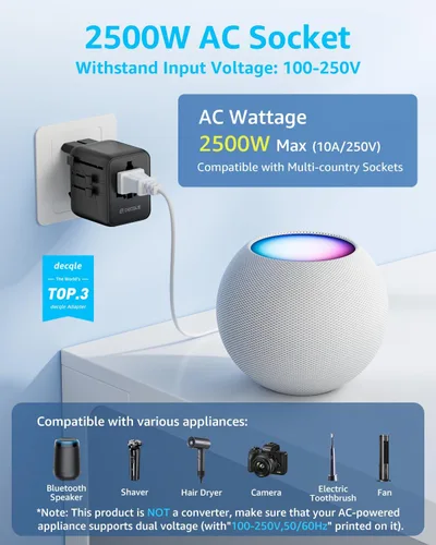Miniatura 3 de Adaptador de viaje universal, adaptador de enchufe de viaje internacional con 2 puertos USB-C y 2 puertos USB-A, con toma de corriente AC adicional