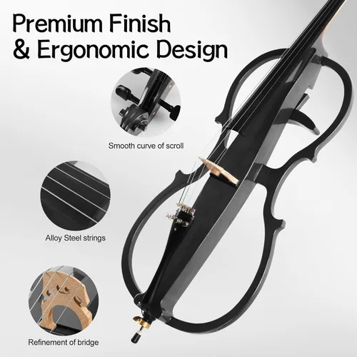 Miniatura 3 de Violonchelo eléctrico, violonchelo de práctica silenciosa de tamaño completo con conector para auriculares y bolsa de transporte, violonchelo