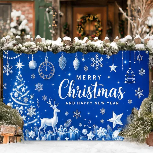 Miniatura 6 de HOMETITUTE Cartel de Navidad de 71 x 43 pulgadas, fondo azul de fotografía de invierno, copo de nieve, árbol de copo de nieve, fondo de fiesta