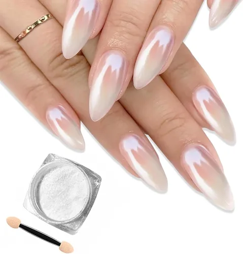 Polvo de uñas de cromo perla blanca, polvo de uñas blanco nacarado, purpurina en polvo sinfonía perla de sirena neón para uñas, el polvo es fino y