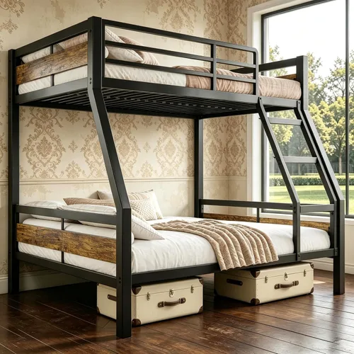 Miniatura 13 de Litera de camas individuales con superposición, literas de metal resistentes con barandilla de longitud completa, cama de acero que ahorra espacio