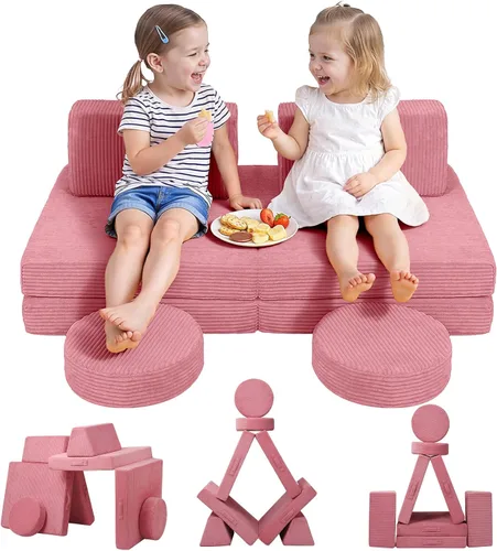 Miniatura 8 de MeMoreCool Sofá para Niños para Sala de Juegos, Sofá Convertible de Corduroy para Niños Pequeños, Sofá Modular de 8 Piezas para Juegos, Juego