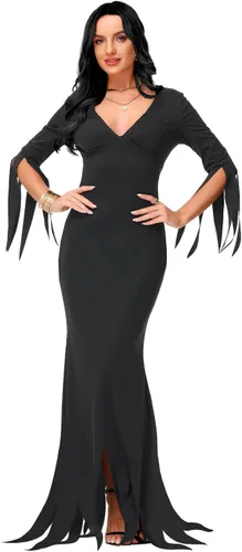 Miniatura 3 de AOBUTE Disfraz de Morticia de Halloween para mujer, vestido largo ajustado con cuello en V