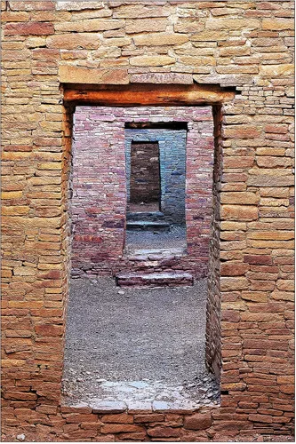 Photograph of Native American Ancient Stone Walls and Multiple Doors at the Pueblo Bonito Ruins at Chaco Culture National Historical Park, New