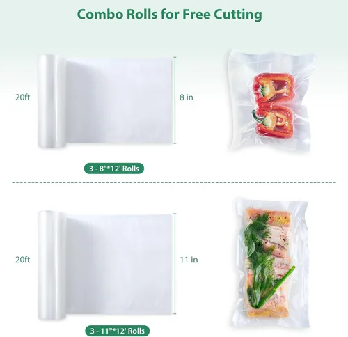 Miniatura 7 de Beelicious Pro Paquete de 6 bolsas selladoras al vacío para alimentos, 3 rollos de 11 pulgadas x 20 pies y 3 rollos de 8 x 20 pies de grado