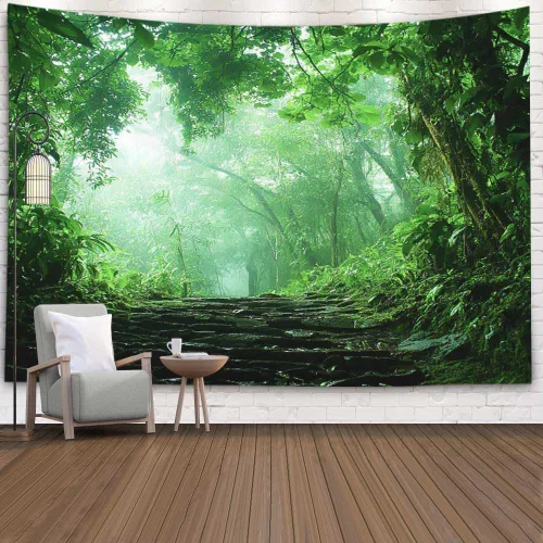 Miniatura 51 de EMMTEEY Tapiz de pared con bosque - Árbol de pino verde y niebla, arte de pared natural, 80x60 pulgadas, tapiz grande de estilo bohemio para sala