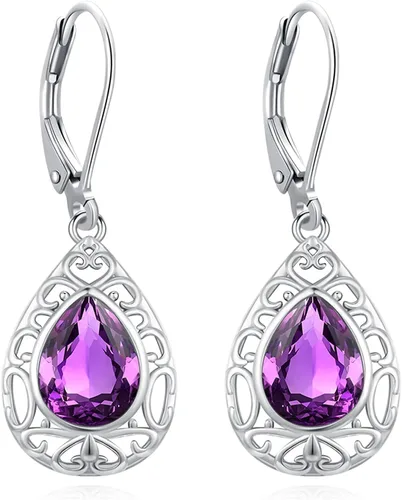 Miniatura 219 de Aretes colgantes de plata de ley con diseño de árbol de la vida, flor, abeja, animales, gato, colibrí, piedra lunar, turquesa, aretes con cierre