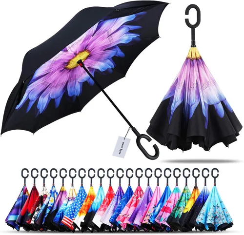 Miniatura 8 de Owen Kyne - Paraguas reversible y plegable de doble capa a prueba de viento, con soporte propio de diseño invertido, protección contra la lluvia