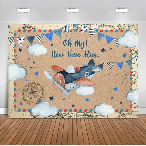 Mocsicka Fondo vintage con texto en inglés "How Time Flies", decoración de cumpleaños de avión, piloto, sello de fondo Cloud Up Up and Away para
