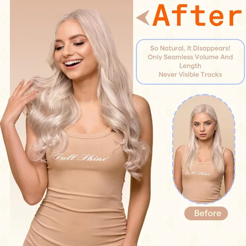 Miniatura 7 de Full Shine - Extensiones adhesivas de cabello humano de 20 pulgadas, extensiones de cabello con cinta invisible, color 1000 rubio hielo, sin