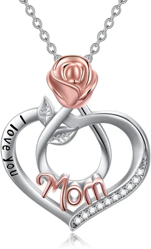 POPKIMI Collares de corazón con diseño de rosas y flores, el mejor regalo para mamá, abuela, abuela, esposa, hija, novia, joyería de cumpleaños,