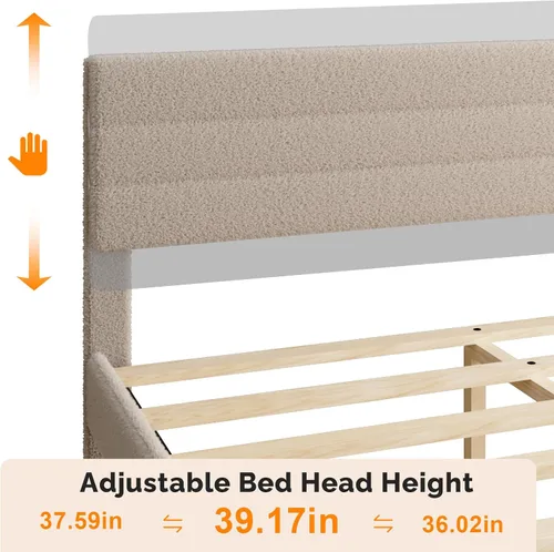 Miniatura 3 de VINGLI Base de cama individual para niños, cama de plataforma tapizada Boucle con cabecera ajustable, soporte de listones de madera resistente, cama
