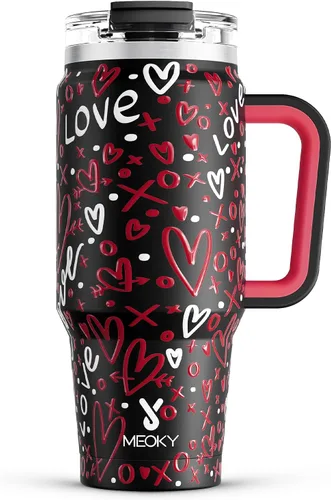 Miniatura 28 de Meoky Vaso de 40 onzas con asa y pajita, vaso aislado con tapa y popote, taza de viaje de acero inoxidable, mantiene el frío durante 34 horas, 100%