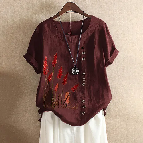 Miniatura 2 de Ceboyel Camisas de lino de algodón para mujer, blusas con estampado de diente de león, blusas de manga corta, estilo bohemio, ajuste holgado, ropa