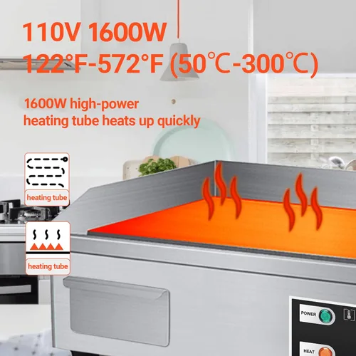 Miniatura 2 de Plancha Eléctrica de Encimera de 22" 1600W 110V Antiadherente Comercial para Restaurante Teppanyaki con Control de Temperatura Ajustable de Acero