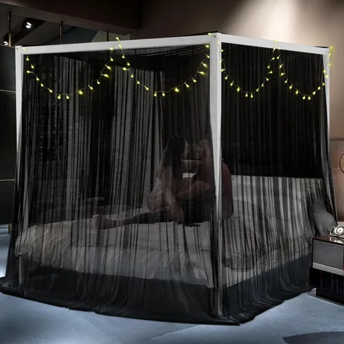 Miniatura 5 de South to East Cortinas de cama negras con dosel, toldo de 4 postes esquineros para niñas y adultos, cortinas de cama de lujo para decoración