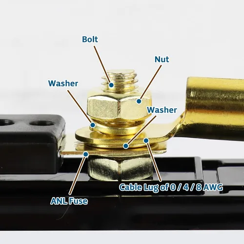 Miniatura 6 de Kit de portafusibles ANL, 2 bloques de distribución y fusibles en línea ANL de 200 A con terminales de anillo, para protección de circuitos