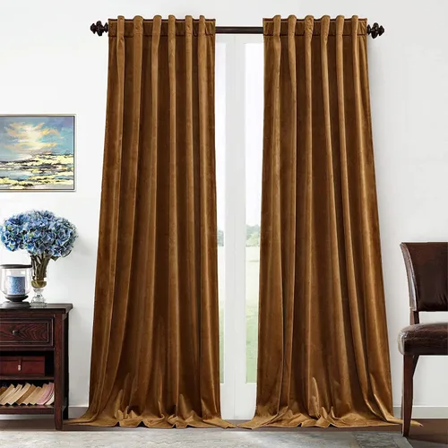 Benedeco Cortinas de terciopelo marrón dorado para ventana de dormitorio con pestaña trasera, cortinas pesadas de lujo vintage súper suaves, Pestaña