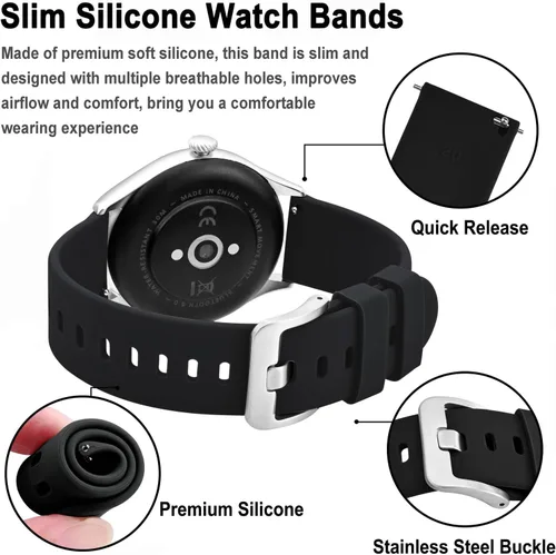 Miniatura 114 de BISONSTRAP Correas de reloj de silicona, correas de reloj delgadas con liberación rápida, 0.787 in, negro con hebilla negra
