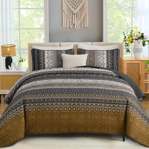 Miniatura 31 de WONGS BEDDING Juego de Colcha Morada Tamaño King, Juego de Colchas Bohemias a Rayas de 3 Piezas, Colcha Ligera de Microfibra para Todas las Púrpura