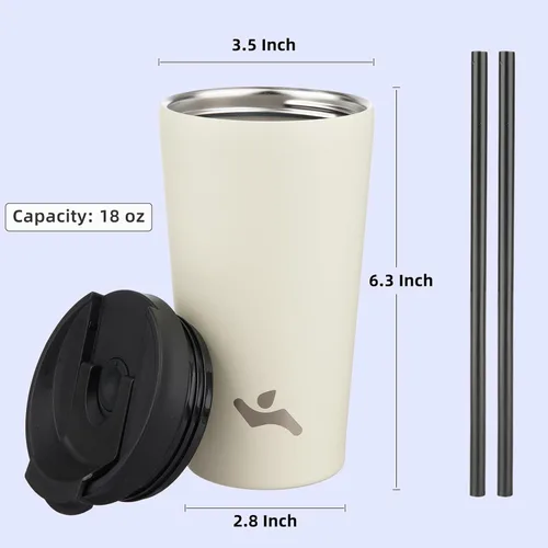 Miniatura 2 de Konokyo Vaso aislado de 18 onzas con tapa y 2 pajillas, botella de agua de acero inoxidable, taza de viaje al vacío, taza de café, color blanco ángel