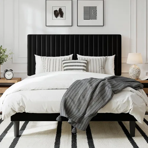 Miniatura 11 de GOLDORO Base de cama tapizada de terciopelo de tamaño matrimonial con cabecera capitoné de canal vertical, soporte de listones de madera,