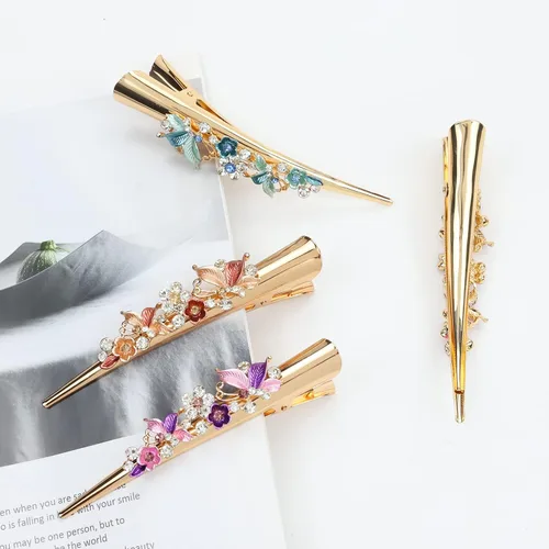 Miniatura 7 de Dizila Paquete de 4 pinzas de metal grandes y largas con diamantes de imitación brillantes, flores, mariposa, pico de pato, pasadores, accesorios