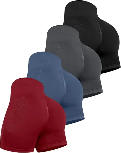 Miniatura 15 de CHRLEISURE Pantalones Cortos de Entrenamiento para Mujer, 4 Paquetes, Cintura Alta, Levantamiento de Glúteos con Fruncido, Pantalones Cortos Booty